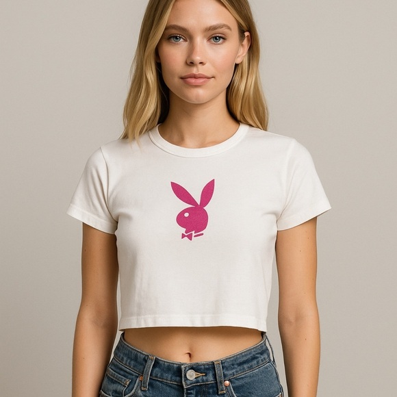 Y2k original Playboy White Tee with Pink Bunny Logo baby tee - Picture 1 of 5